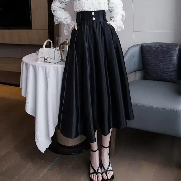 Jupe midi noire taille haute pour femme, vêtements décontractés en V, mode coréenne, modeste, luxe, 