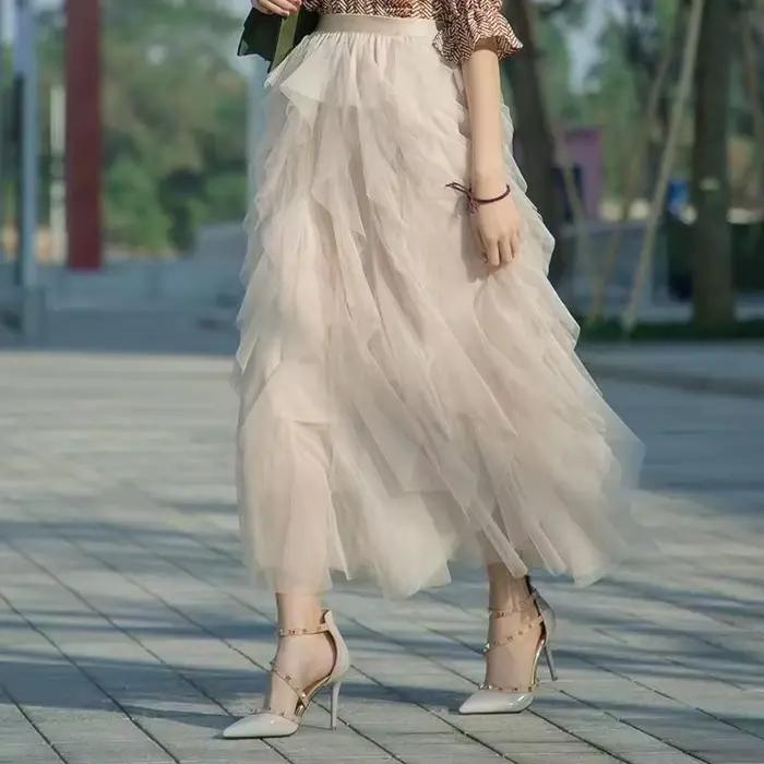 Tutu Tulle longue Maxi jupe femmes mode coréenne mignon rose taille haute jupe plissée maille femme 