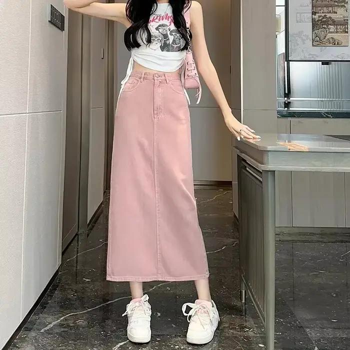 Short en Denim 100% coton pour femmes, rose, taille haute, fente rétro, élégant, à la mode, jupe lon