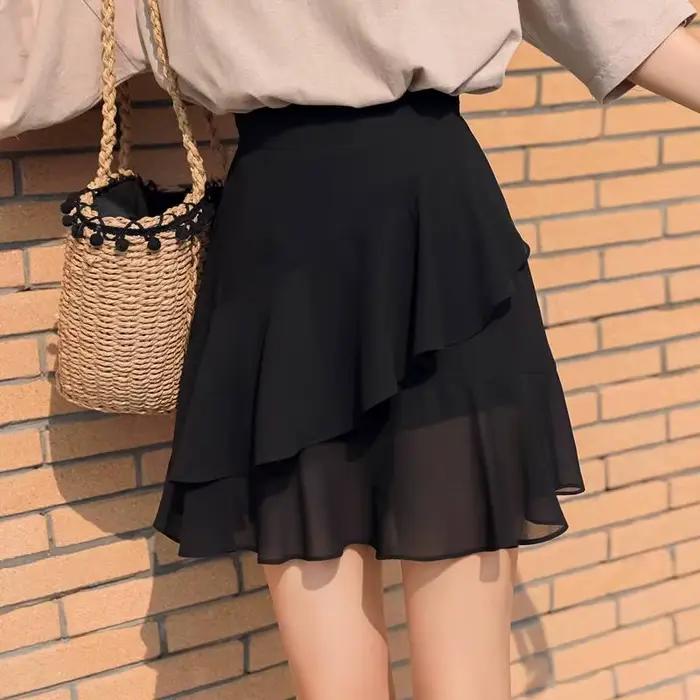 InjSatin-Jupe noire évasée à volants pour femmes, vêtements en mousseline de soie, esthétique chaude