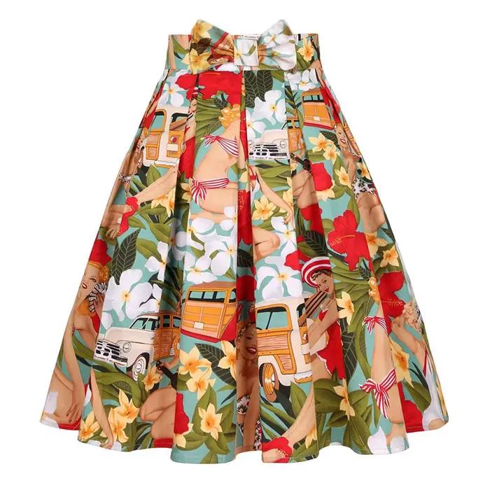SISHION voiture et filles imprimé fleuri été jupe plissée avec nœud SS0012 taille haute Vintage coto
