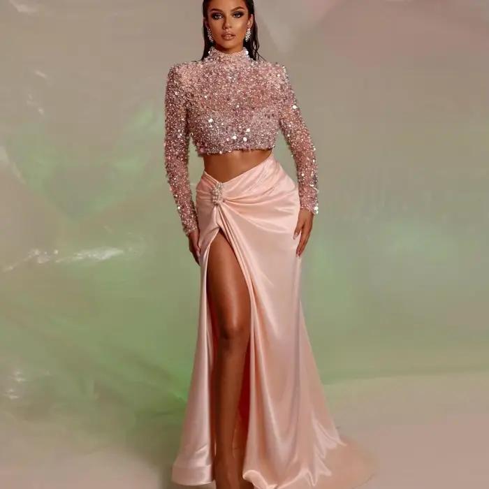 Jupe maxi en satin rose blush pour femme, tenue de soirée élégante, taille haute, fente latérale, oc