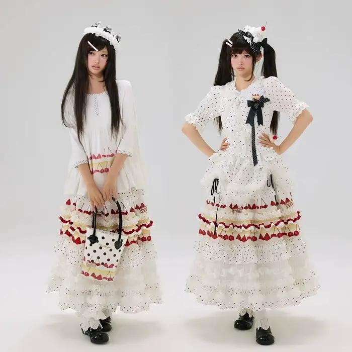 Jupe longue vintage pour femme, style Kawaii Mori Girl Lolita, à volants superposés, à pois, avec nœ