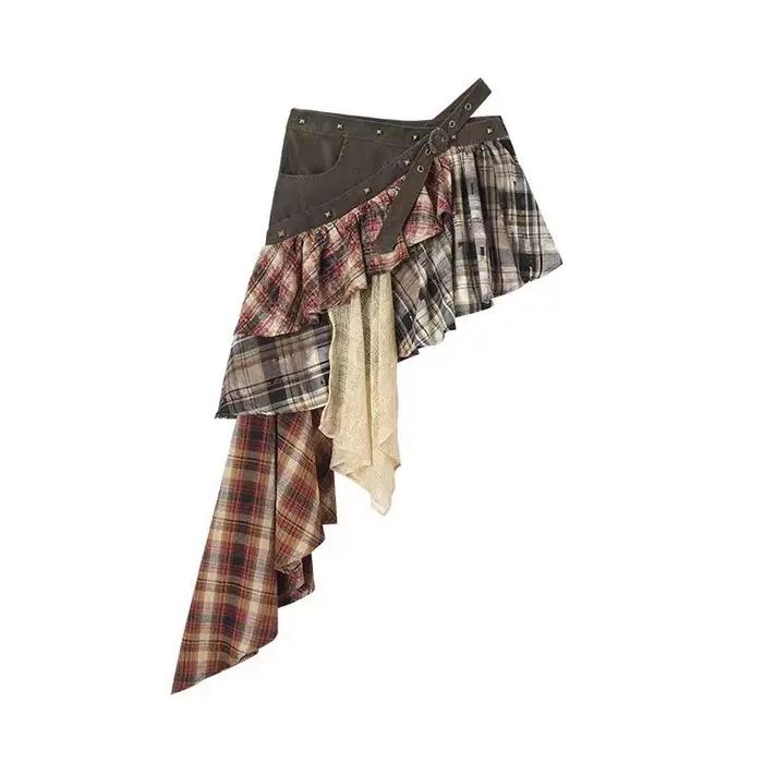 Jupe de rue américaine rétro, jupe irrégulière à carreaux, nouvelle collection printemps-été