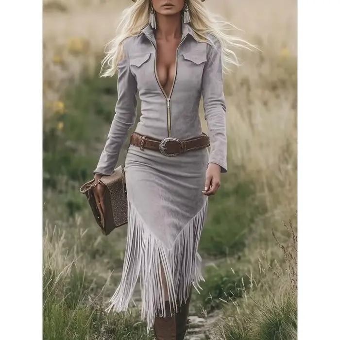Robe à franges bohème pour femme, aspect denim, en daim, manches longues, style western