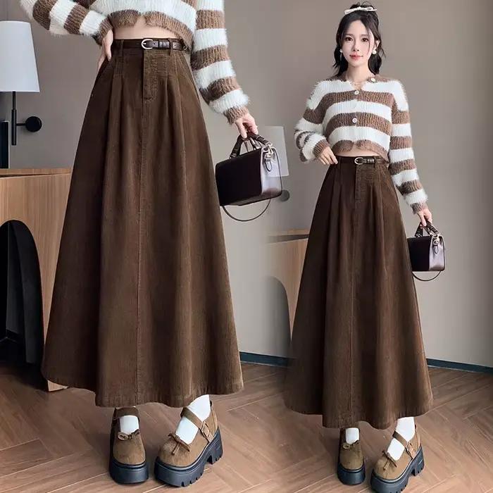 Jupe longue pour femme, jupe mi-longue en velours côtelé, taille haute, évasée, plissée, ajustée, au