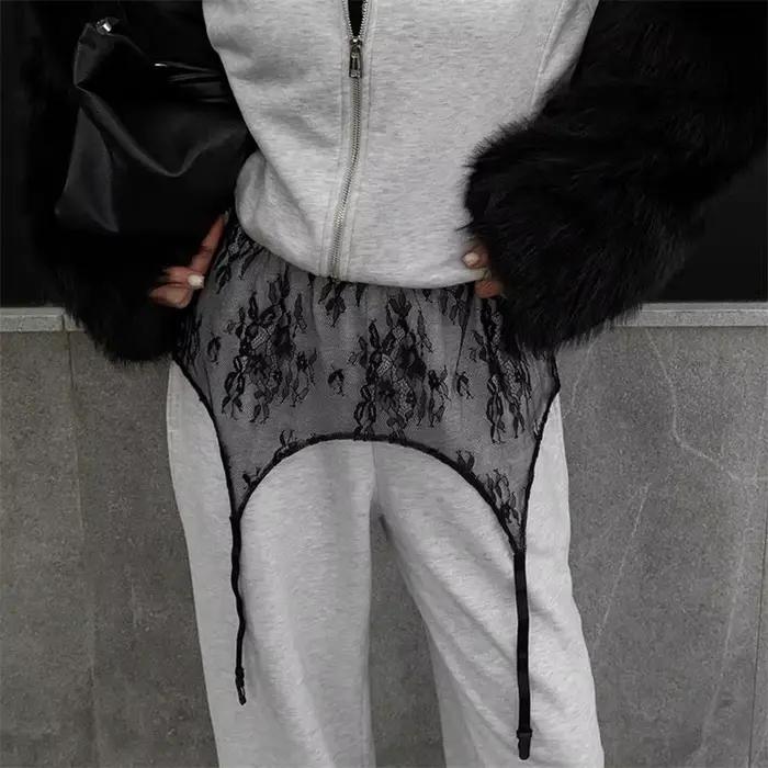 Jupe Courte Femme en Dentelle Noire Taille Haute Transparente Ample Style Streetwear Printemps-Été 2