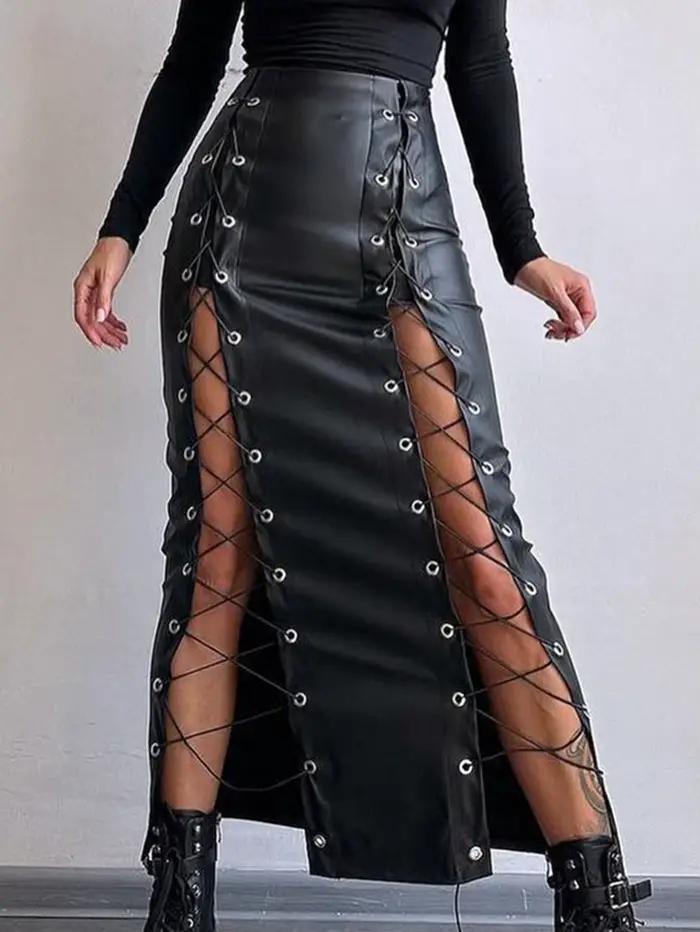 Jupe longue en cuir à lacets noirs sexy pour femmes, vêtements de mode streetwear, jupes de soirée c