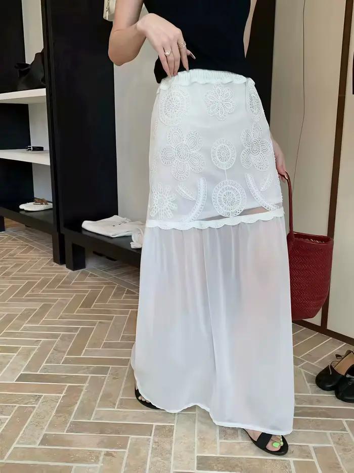 Jupe longue en maille et dentelle pour femme, printemps-été, avec appliques brodées, taille haute, c
