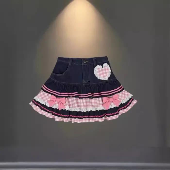 Jupe en jean plissée rose pour femmes, vêtements d'été de haute qualité, avec nœud, Style doux, nouv