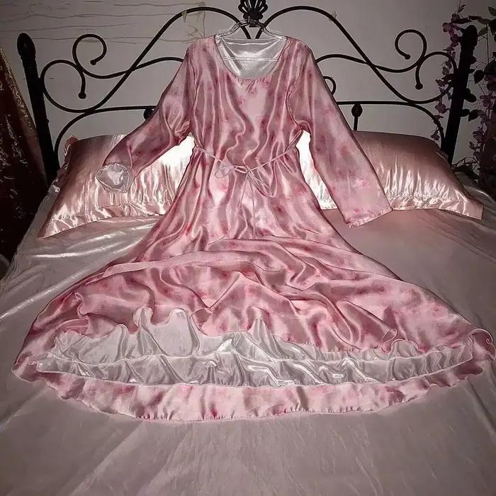 Robe longue en Satin pour femmes, 2 couches, Voile d'extérieur, soie glacée, imprimé Floral, brillan