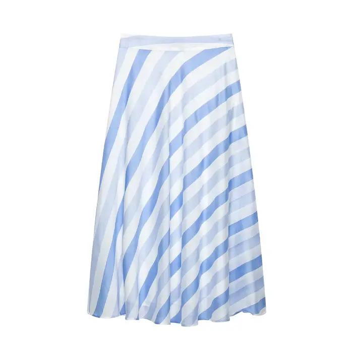 Jupe midi rayée pour femme, nouvelle collection été 2026, taille mi-haute, fermeture éclair latérale