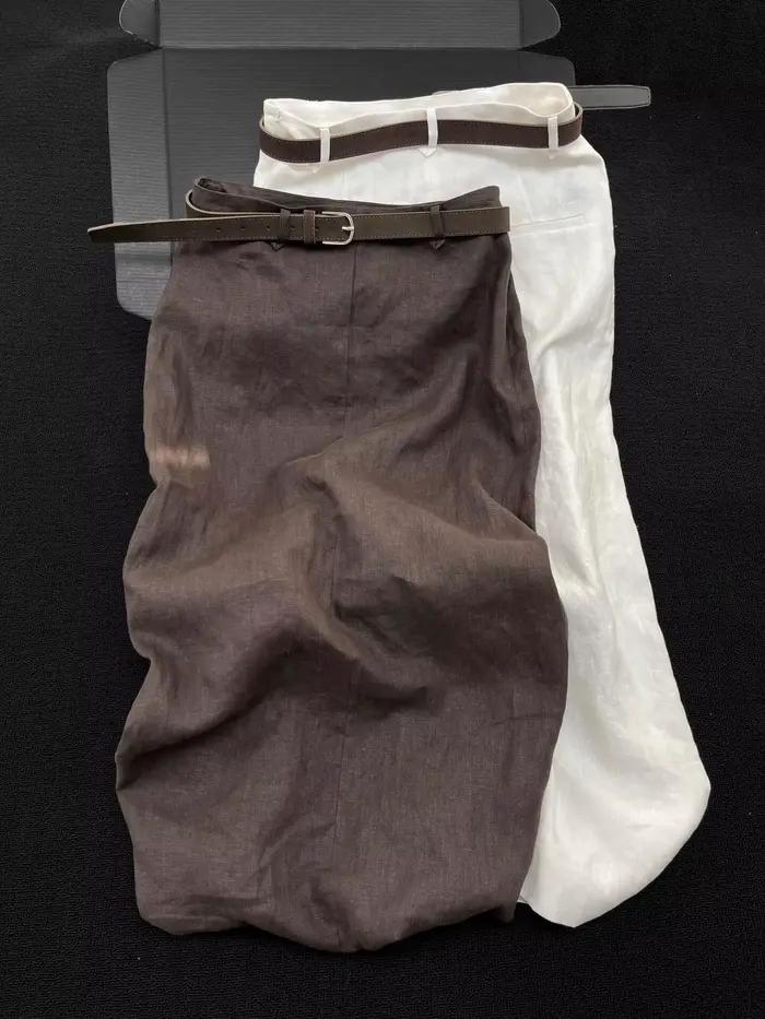 Jupe midi trapèze élégante en lin pour l'été – Design unique et tendance pour femme – Couleur unie –