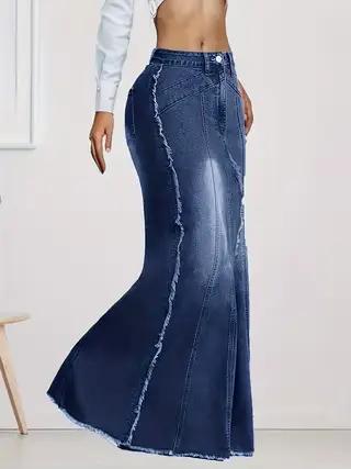 Jupe en jean stretch taille haute pour femme, coupe ajustée, ourlet effiloché, style décontracté et 