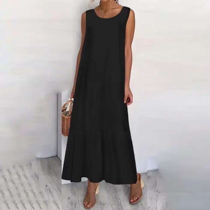 Nouvelles robes 2025 femme mode été couleur unie coton-lin sans manches grande taille femmes ample r