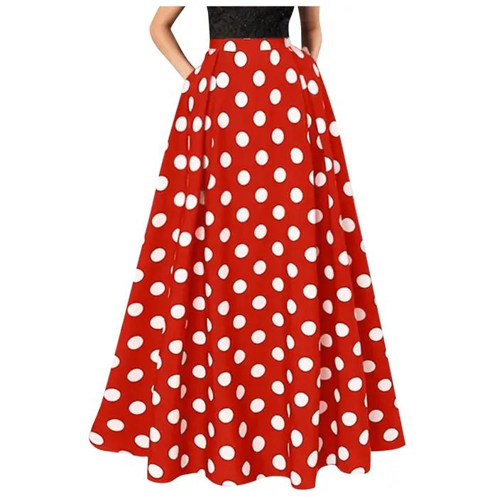 Meilleure Vente Jupe Longue Élégante Femme Taille Haute Vintage à Pois Ample Style Swing Tenue Quoti