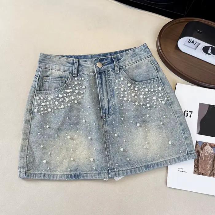 Mini-jupe en jean ornée de perles et strass pour femme, taille haute, coupe trapèze ajustée, style s