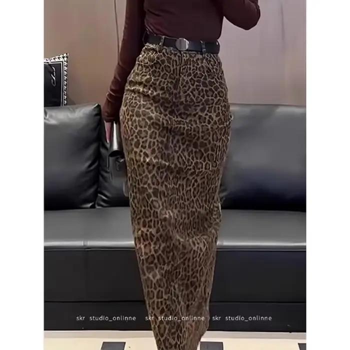 Jupe Rétro Imprimée Léopard pour Femme, Taille Haute, Slim, Joker, Longue, Droite, Enveloppée aux Ha