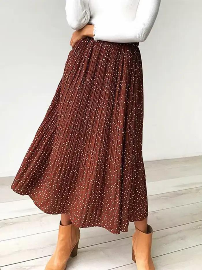 Jupe Midi Plissée à Pois Blancs et Imprimé Floral pour Femme, Taille Haute artificiel astique, Poche