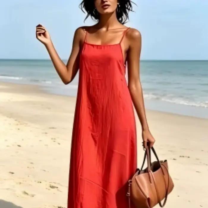 Robe longue droite à fines bretelles en lin rouge pour femme, robe d'été sophistiquée amincissante p
