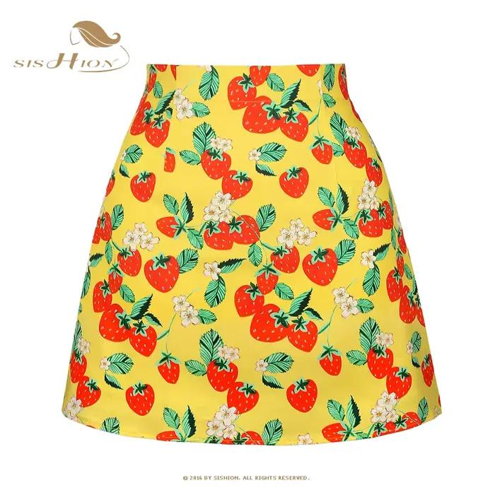 SISHION 50s 60s Vintage fraise imprimé Mini longueur jaune jupe SS0008 une ligne coton courte Sexy é