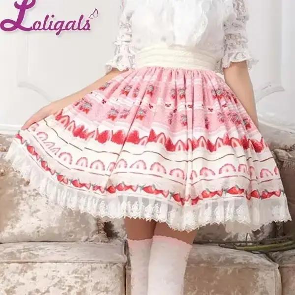 Jupe trapèze japonaise douce rose, jupe courte plissée en dentelle imprimée fraise, longueur aux gen