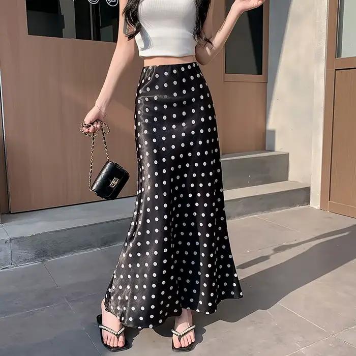 Jupe sirène en satin à pois – Jupe fluide moulante mi-xi taille haute flatteuse pour femme