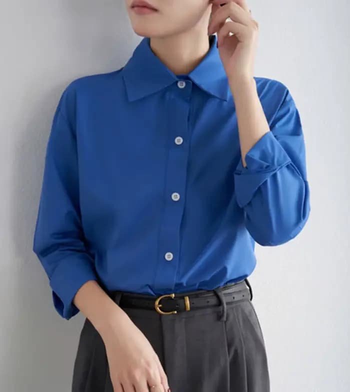 Chemise bleue à manches longues pour femmes, couleur unie, haut d'extérieur décontracté, chemisiers 
