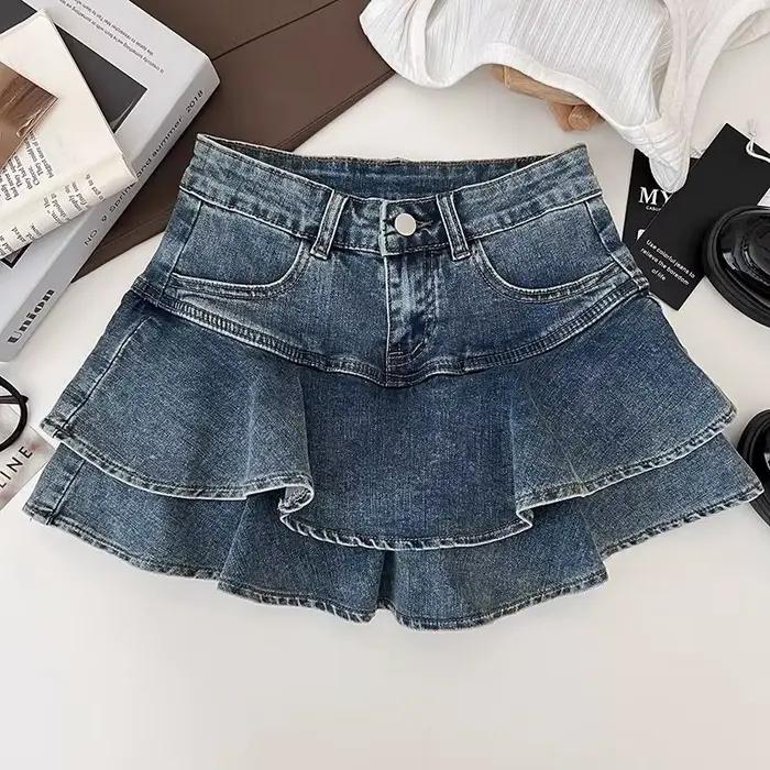 Jupe courte en jean plissée Double couche, bord à volants, taille haute, Anti-lumière, pour femmes