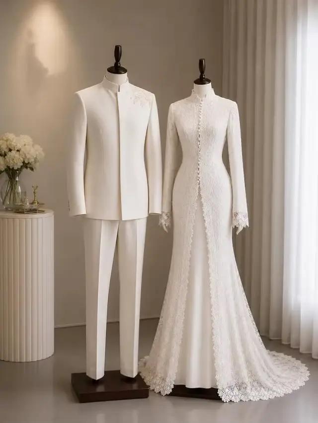 Robe de mariée musulmane blanche élégante en dentelle, robe de soirée formelle, robe de mariée arabe