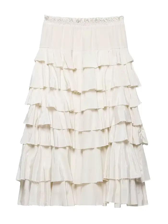 Solid Elegant Tiered Maxi Skirts For Women Ruffle Elastic Waist A-line Long Skirts Summer New Simple