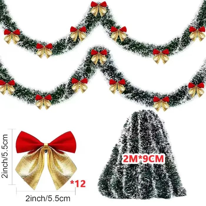 Guirlande de noël suspendue verte de 10m, avec nœuds rouges, boules, ornements, arbre de noël, décor