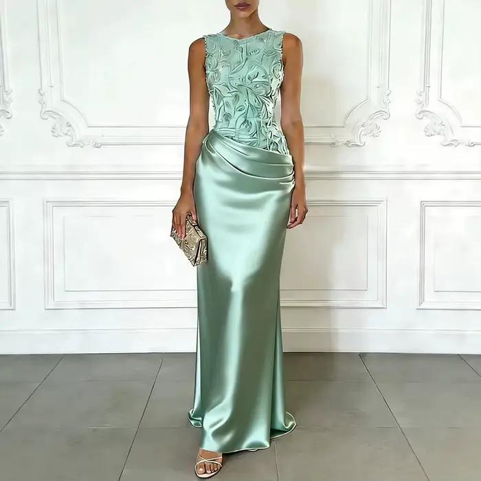 Robes de soirée roses élégantes pour femmes, col rond, sans manches, longueur au sol, avec appliques