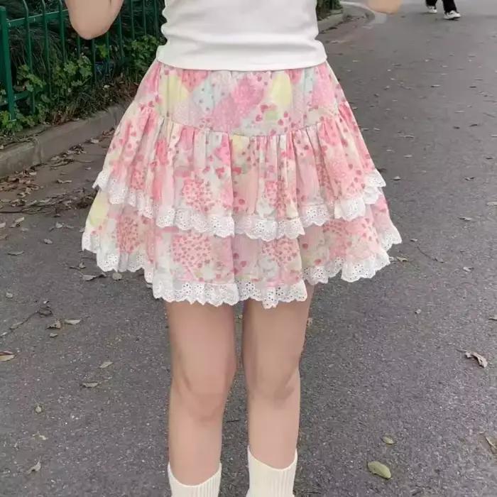 Mini-jupe florale Kawaii pour femme, style japonais Y2K, avec volants, superposée, courte, pour l'ét