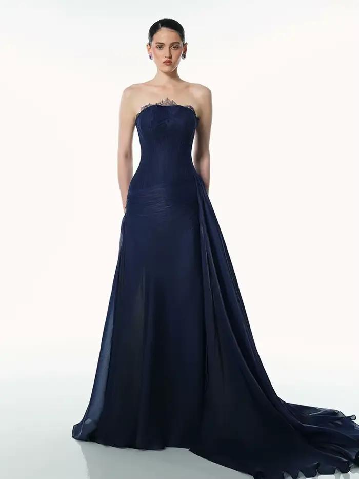 Sumnus – robe de soirée trapèze élégante, bleu marine, longueur au sol, sans bretelles, en dentelle,