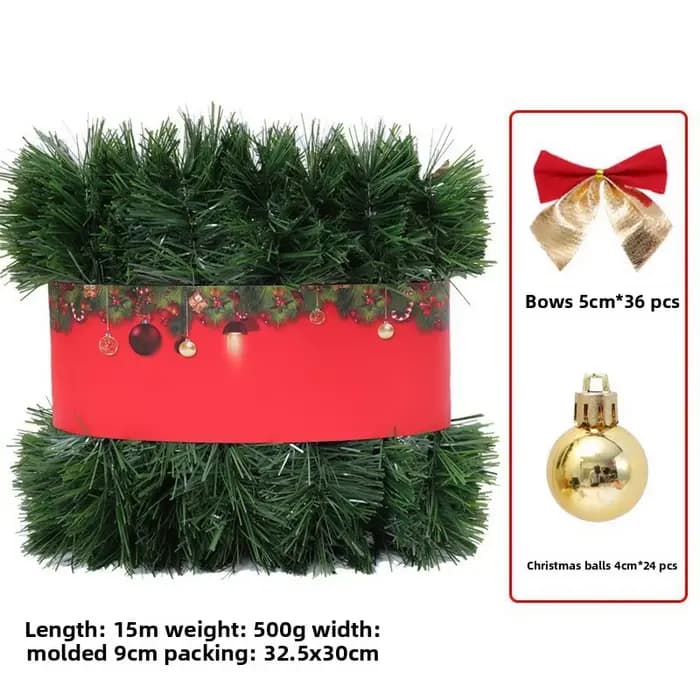 Guirlande de noël pré-décorée de 15M, vigne florale avec nœuds et boules de ruban pour pendentif d'a