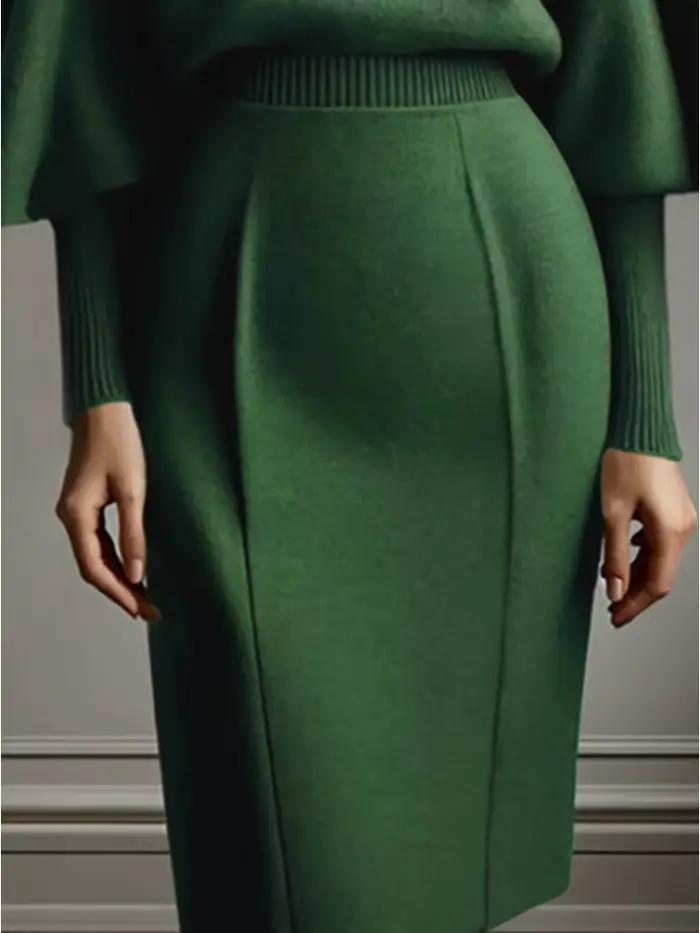 Freeacy 2025 nouvelle jupe tricotée vert uni taille haute coupe ajustée longueur genou jupe printemp