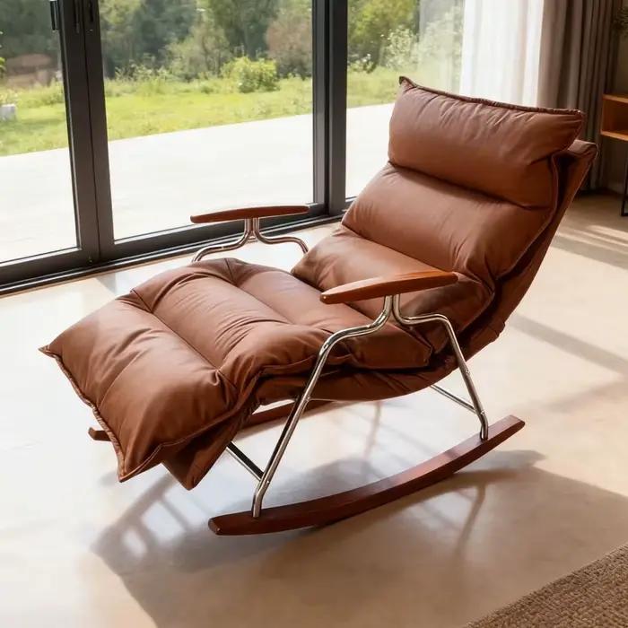 Fauteuil à bascule minimaliste de luxe en métal pour salon, chaise longue inclinable en cuir écologi