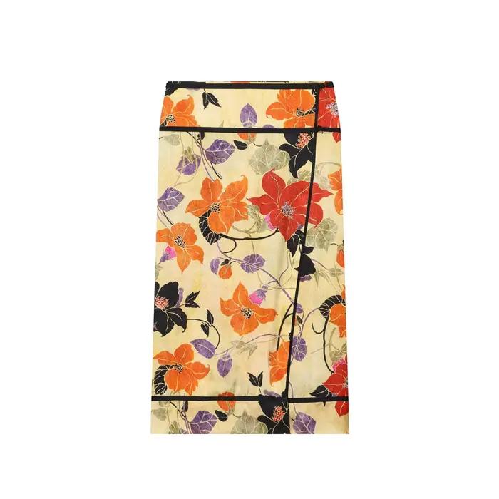 Jupe midi femme 2026, imprimée, taille mi-haute, avec bordure contrastante et boutons, style vintage