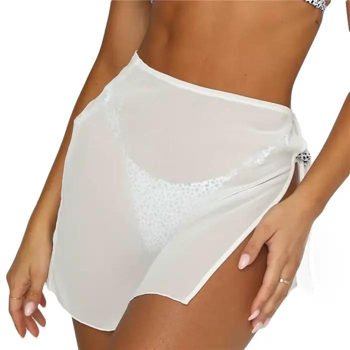 Jupe transparente à lacets pour femmes, vêtement de plage, taille haute, couleur unie