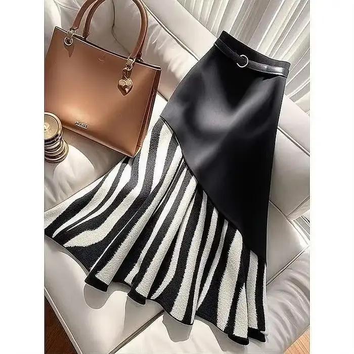 Jupe midi pour femme en similicuir patchwork à rayures zébrées asymétriques