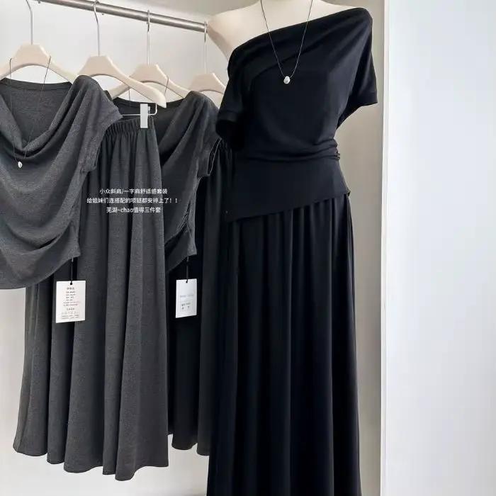 Ensemble deux pièces style coréen pour femme : haut asymétrique et jupe midi taille haute, coupe aju