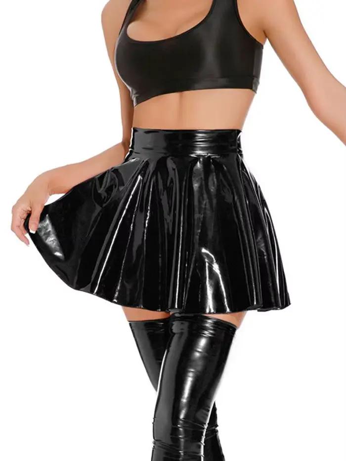 Jupe plissée évasée brillante à l'huile pour femmes, Sexy, look mouillé, Faux cuir PU, MINI jupe à v