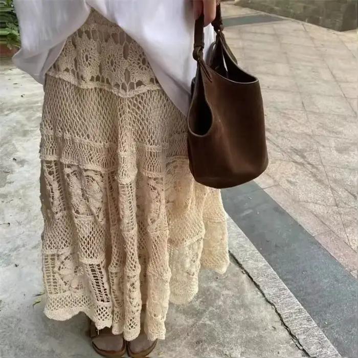 Semi-jupe longue en Crochet pour femmes, Version en dentelle douce, industrie lourde, Design rétro c