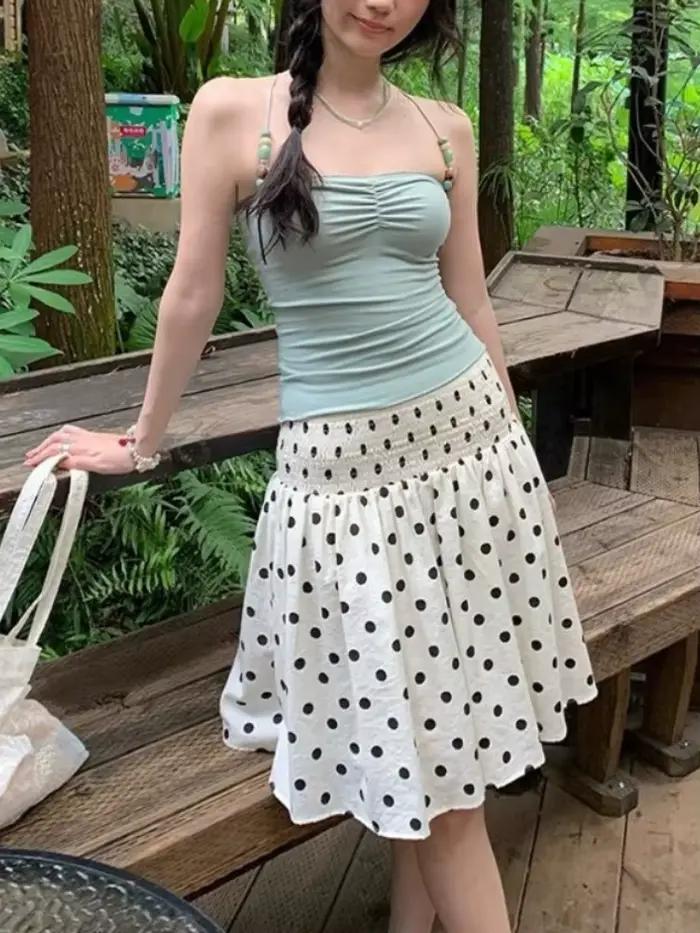 Deeptown Jupes à pois style coréen pour femmes, élégantes et douces, jupes à volants Y2K, vintage, e