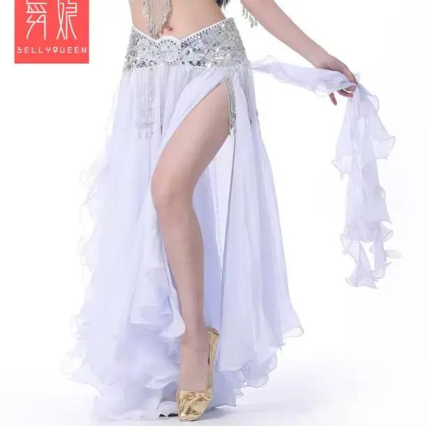 Jupe en mousseline de soie pour femme, costume de spectacle de danse du ventre, jupe sexy fendue sur