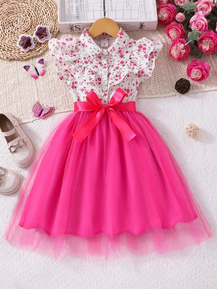 Robe d'été pour filles à manches longues en dentelle florale avec ceinture, style frais et élégant, 