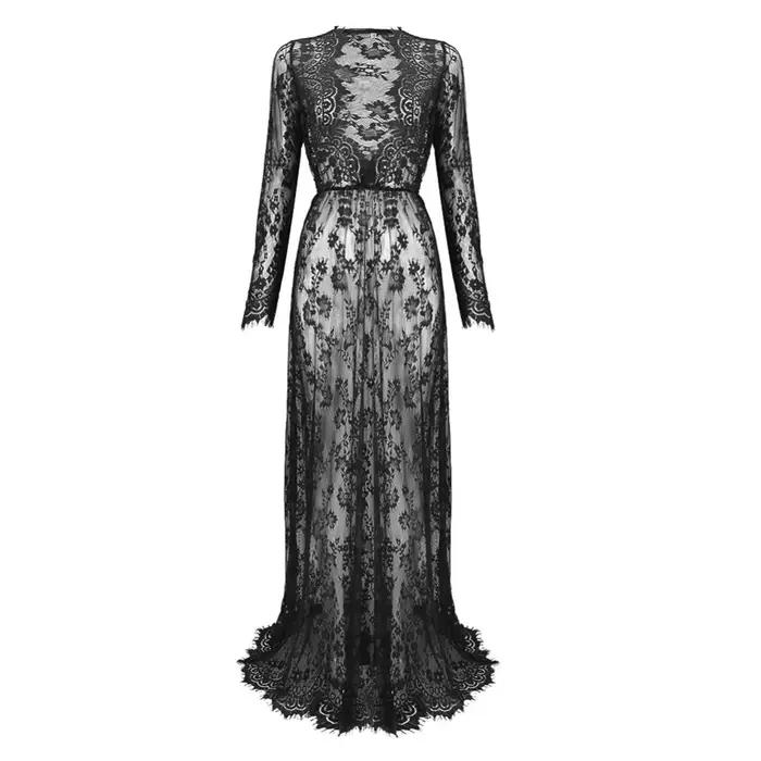 Robe Maxi Vintage Sexy pour femmes, dentelle transparente, décolleté en V profond, manches longues, 