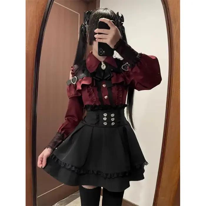 Ensemble chemise et jupe Lolita Jirai Kei pour filles, chemise à manches longues avec nœud Kawaii, j