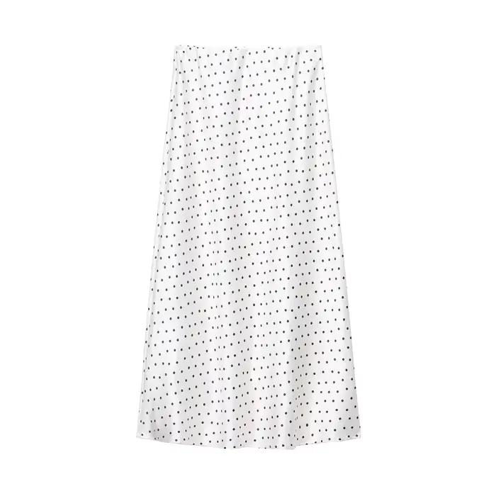 Jupe midi en satin à pois noirs et blancs pour femme HH, taille haute, coupe trapèze, longue, élégan